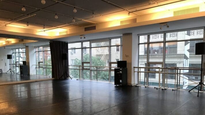 Empty Studio space with wood floors and windows looking out to NYC streets